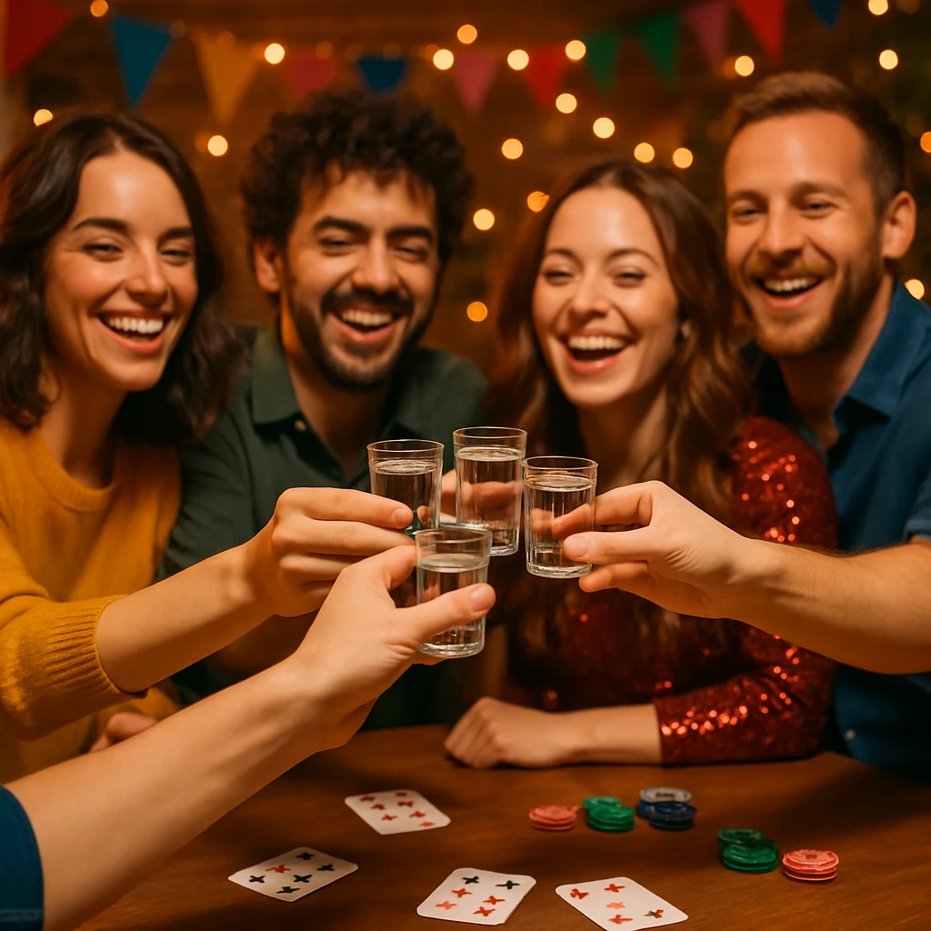 people clinking shot glasses while playing a card game, festive setting, party vibe emoji