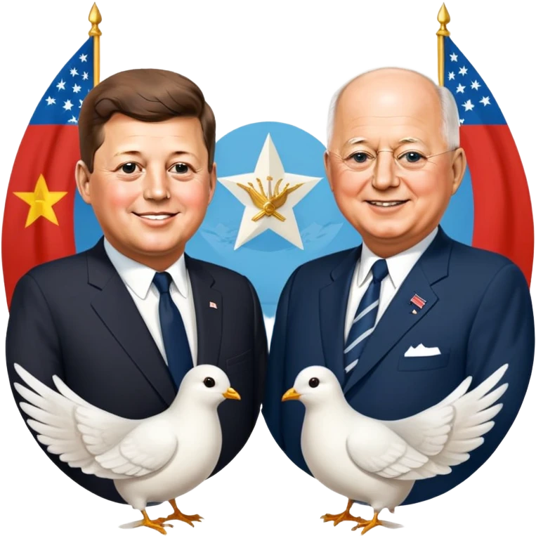 John F. Kennedy and Mikhail Gorbachev side by side, smiling, friendly diplomatic atmosphere, small peace symbols and doves, US and USSR flags as accents emoji