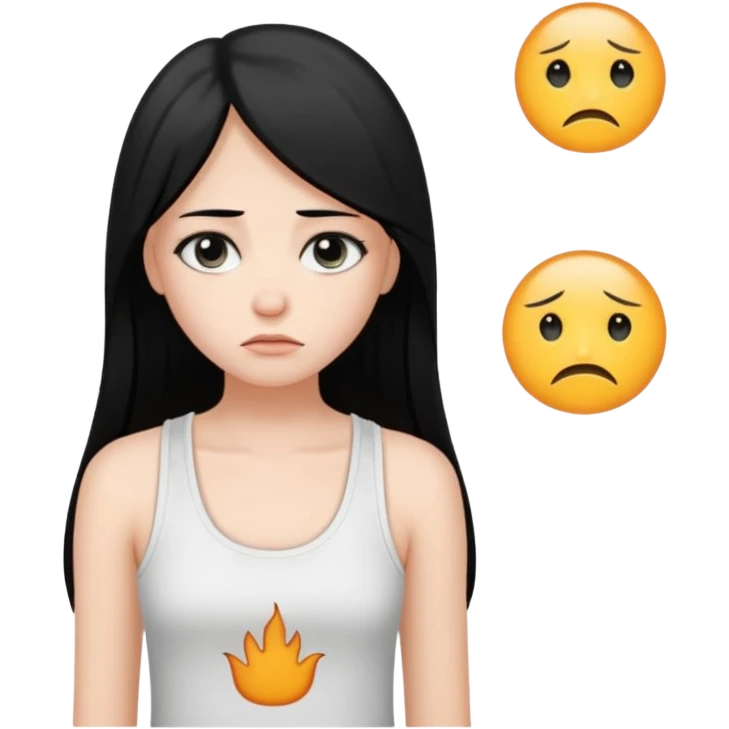 a pretty bratz fair girl with long straight black hair  with a white tank top slightly sad emoji