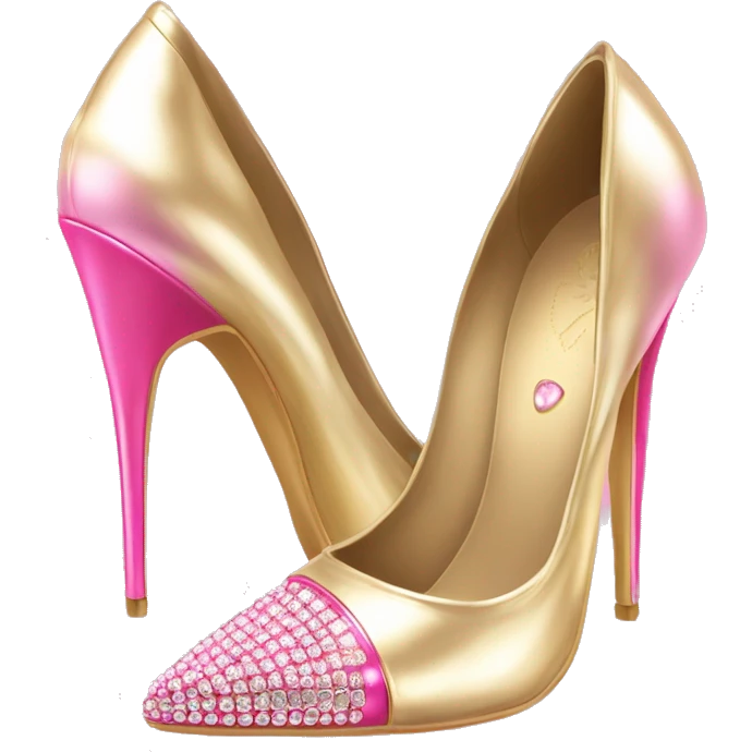 Realistic isolated top view of a pair of metallic light gold and metallic light bubblegum pink pointed toe high heel shoes with diamonds on the top of the toes. emoji