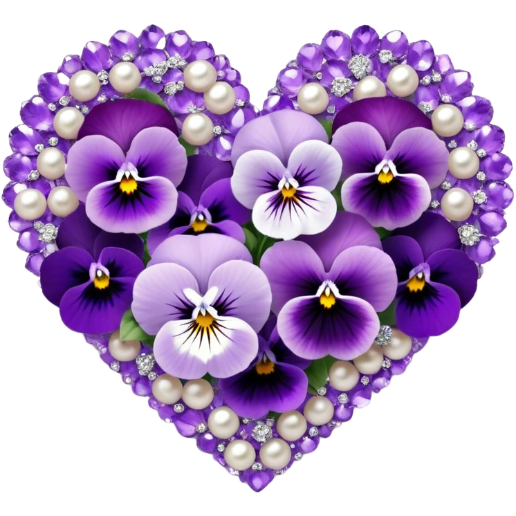 An exquisite heart-shaped bouquet composed of deep lilac flowers and ice violet pansies, harmoniously blended with amethyst and pastel purple tones, is delicately placed on smooth pearl satin fabric, its beauty further enhanced by the subtle sparkle of tiny silver adornments. emoji