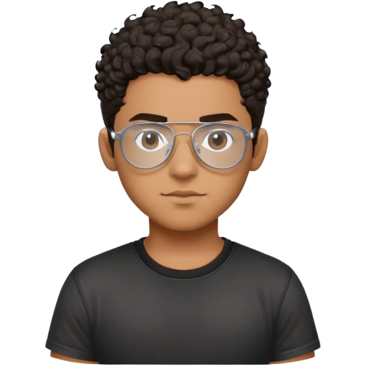 Young Latino with big forehead, metal-framed aviator glasses, very short curly dark hair on top with shaved sides, neutral expression, brown skin, black t-shirt emoji