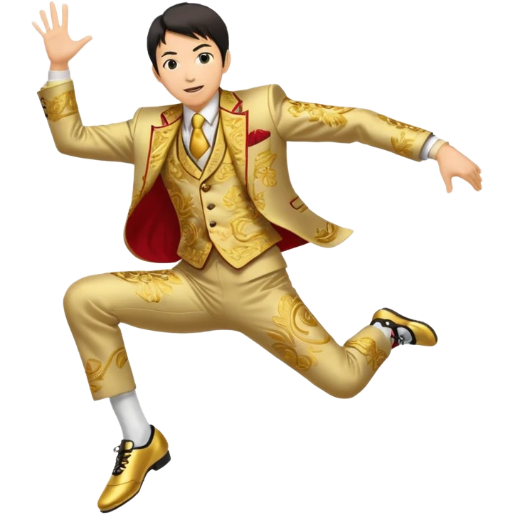 japanese yoshiro nakamatsu in crazy gold emroidered suit jumping in jumping shoes emoji