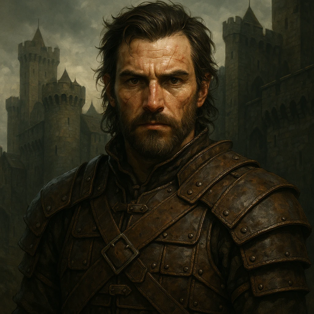close-up portrait of a warrior in leather armor, direct gaze, medieval castle in the background, Game of Thrones atmosphere, DnD style, ArtStation quality, detailed illustration emoji