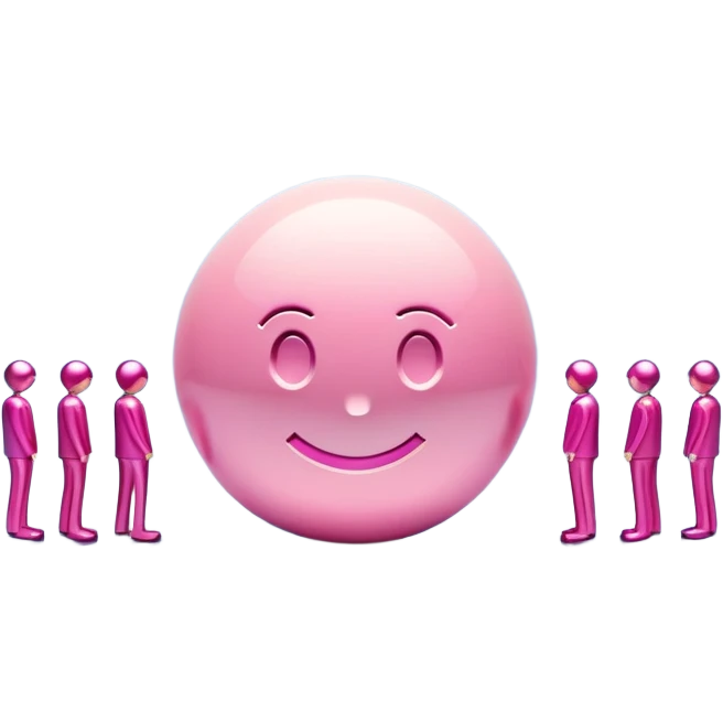 the word EMOJI, made of high polished pink metal, standing on a marble floor with a blue wall of pbr reflections behind it. Tiny people around it as if working on it to create it. emoji