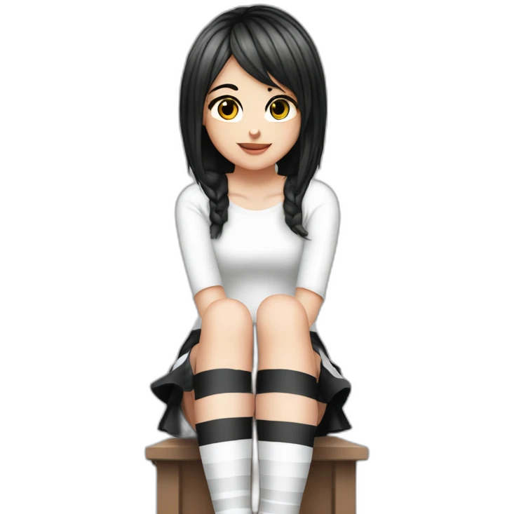 Frontal view curvy emo girl sits white skirt striped stockings hands up emoji