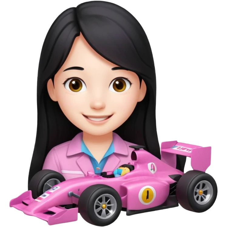 long black haired girl kid playing pink colored formula 1 car toy emoji