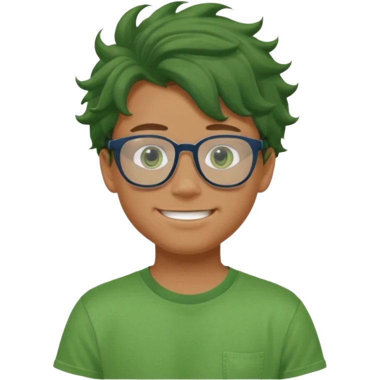 A teenage boy, tanned with glasses, wearing a green t-shirt , blue jeans and green sneakers with brown wavy tousled hair, smirking, wearing a green face mask emoji