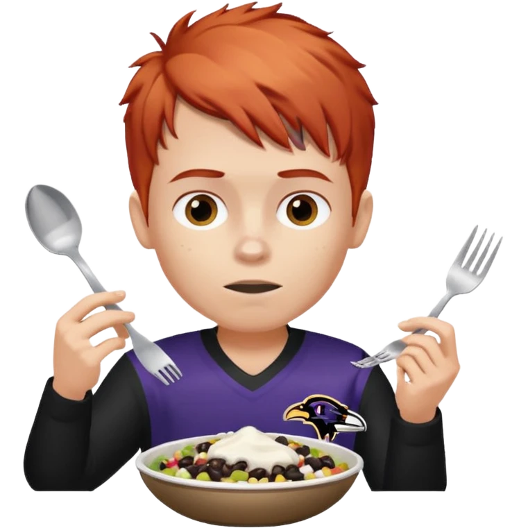 a red-haired boy wearing a ravens jersey and eating a chipotle burrito bowl emoji