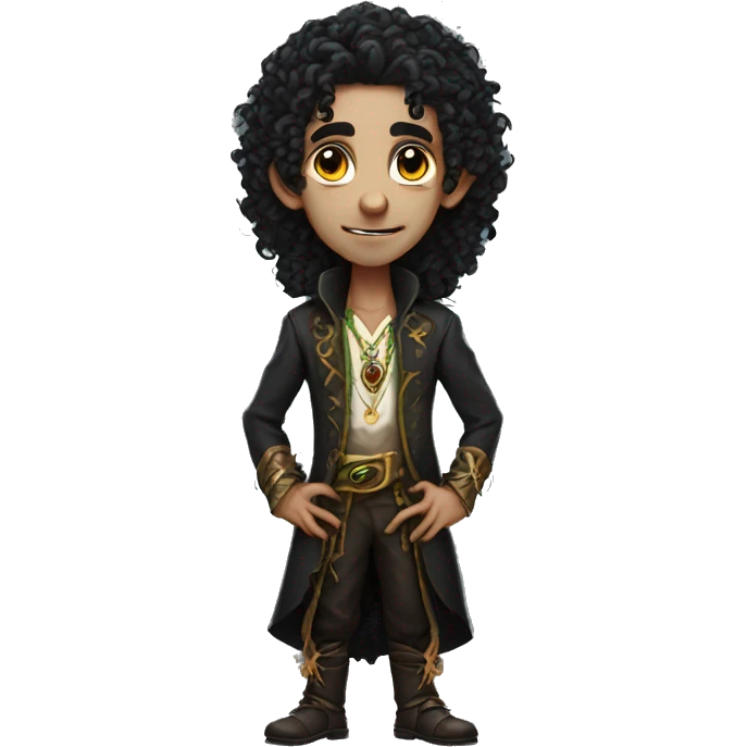 a modern witchdoctor male elf long black curly hair, emoji