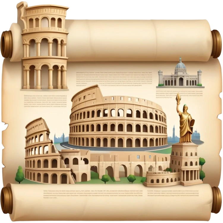 An icon featuring an ancient scroll, surrounded by famous historical landmarks and statues of notable figures, like the Colosseum or Napoleon. The design symbolizes the exploration of history through monuments and people. Transparent background highlights the pas emoji