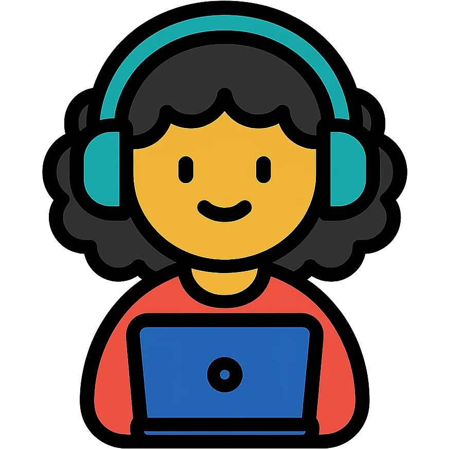 curly hair girl with headphones and a laptop, color outline icon emoji