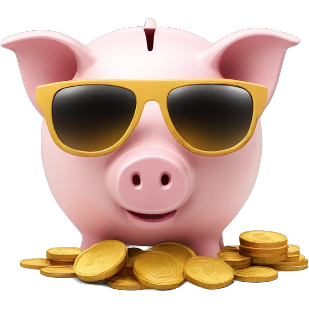 Piggy bank with sunglasses and a coin emoji