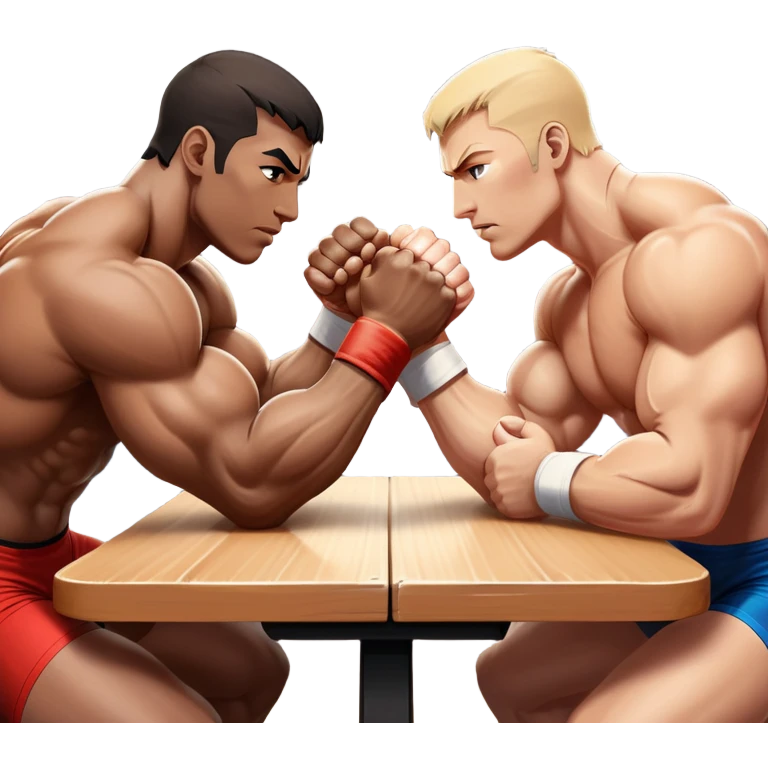 Two athletes engaged in an intense arm wrestling match, their muscles straining as they battle for dominance. The scene captures the powerful clash of strength, with close-ups on the hands locked in a firm grip, sweat glistening under bright lights. The background features a wrestling table. emoji