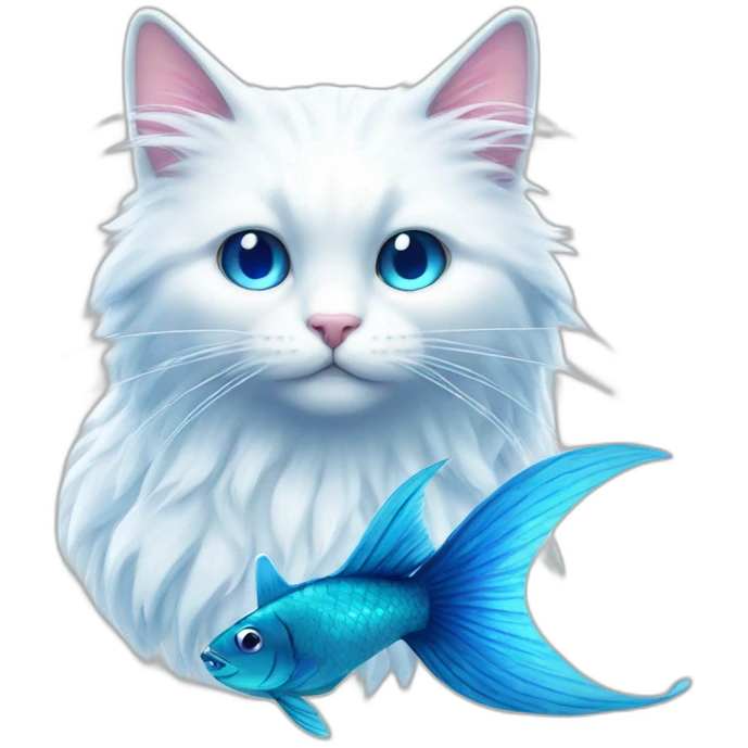 Head of White fluffy cat and a half of blue magic fish tail emoji