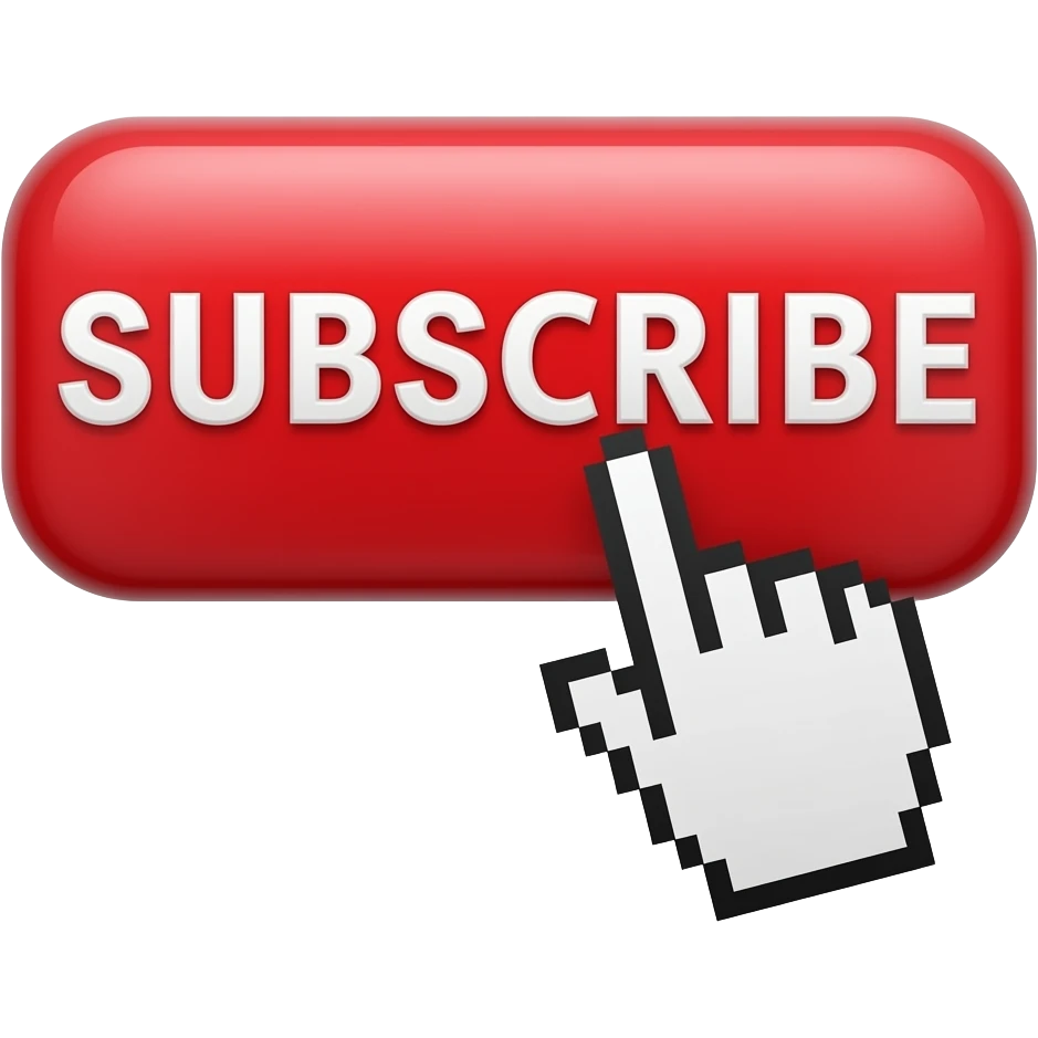 Red 3D subscribe button, white bold text “SUBSCRIBE”, glossy, rounded corners, hand cursor clicking, soft glow, clean background emoji
