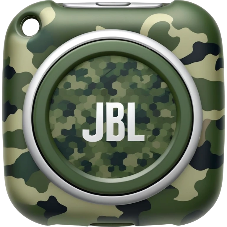 Abstract JBL Clip 4 with round shape, integrated clip, green camo pattern, and small JBL logo, iOS emoji style emoji
