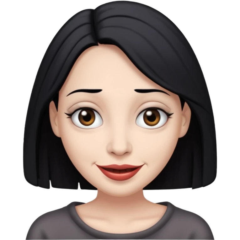 woman with gray skin and black hair and a creepy face with white eyes and a droopy smile emoji