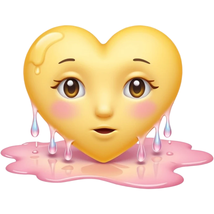 A pastel-yellow heart melting into soft pink tears, curled on a clouded floor under warm sunrise light. emoji