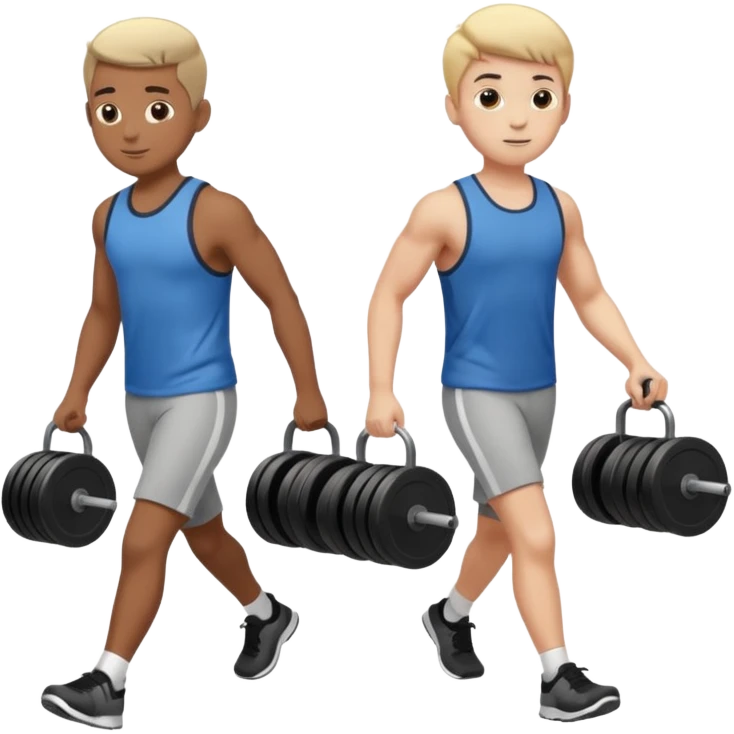 two boys walking, wearing gym clothes and carrying gym equipment, full body emoji