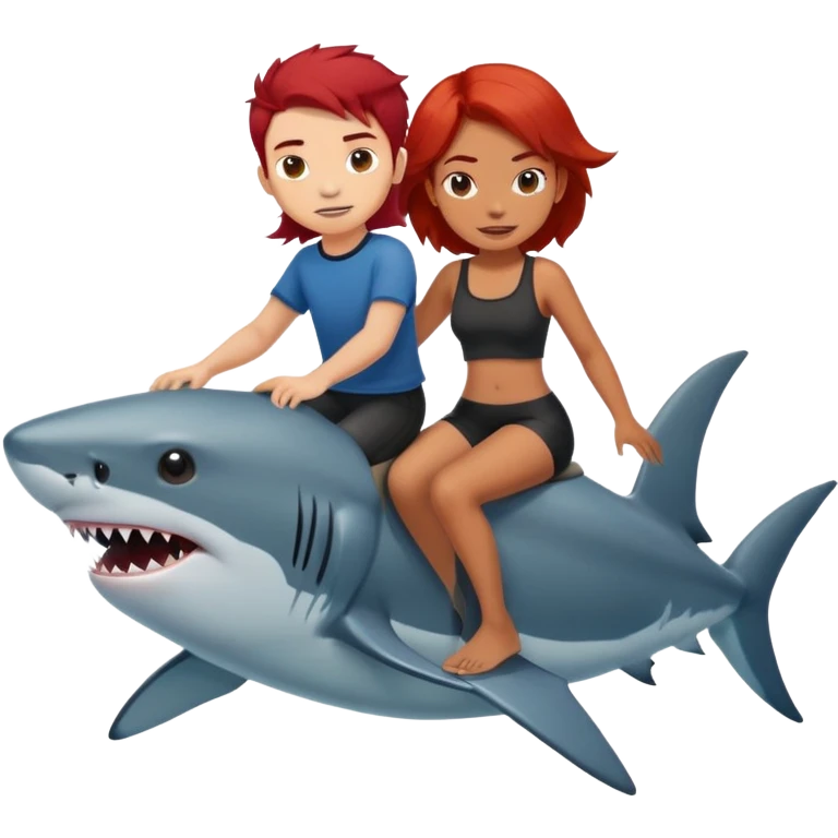 Red hair girl and black hair boy riding a shark emoji