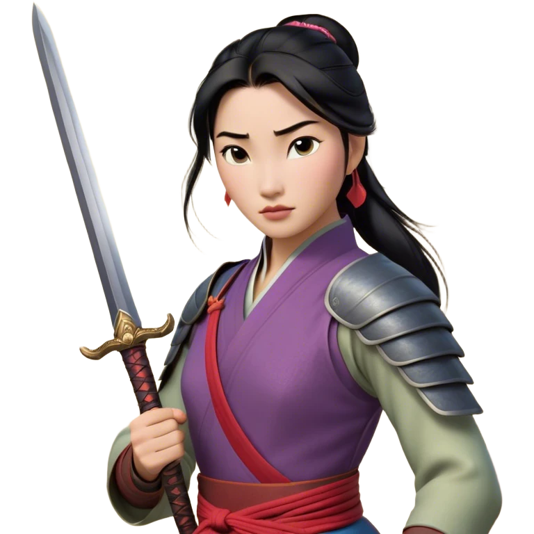 Cinematic Realistic Mulan Portrait, depicted with lifelike skin texture, soft natural lighting, and intricately detailed long black hair styled elegantly. Her deep, expressive eyes exude determination and grace, complemented by a serene yet confident expression. She stands with one hand resting on the hilt of her sword, the other by her side, exuding strength and poise. She is dressed in her classic attire, with rich fabric textures and delicate folds that catch the light beautifully. The portrait features a soft, enchanting glow with a natural, radiant finish, capturing the essence of timeless strength and beauty in a realistic and painterly style, evoking a sense of depth and authenticity. emoji