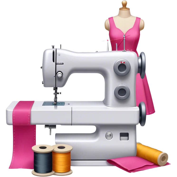 Sewing icon, sewing machine with thread, visible needle, spools of thread, fabric pieces cut according to patterns, measuring tape, pins, scissors, and dresses on mannequins, minimalistic style, clean lines, transparent background. emoji