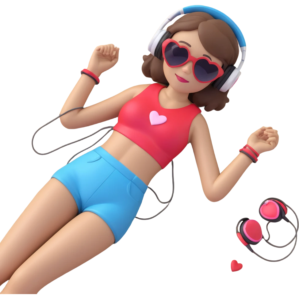 emoji of a girl with brown hair, heart sunglasses, headphones, lying on a beach emoji