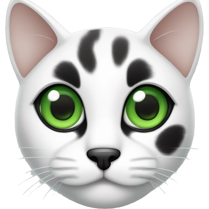 Black and white cat with green eyes, black dots on both ears and only one eye with green eyes emoji