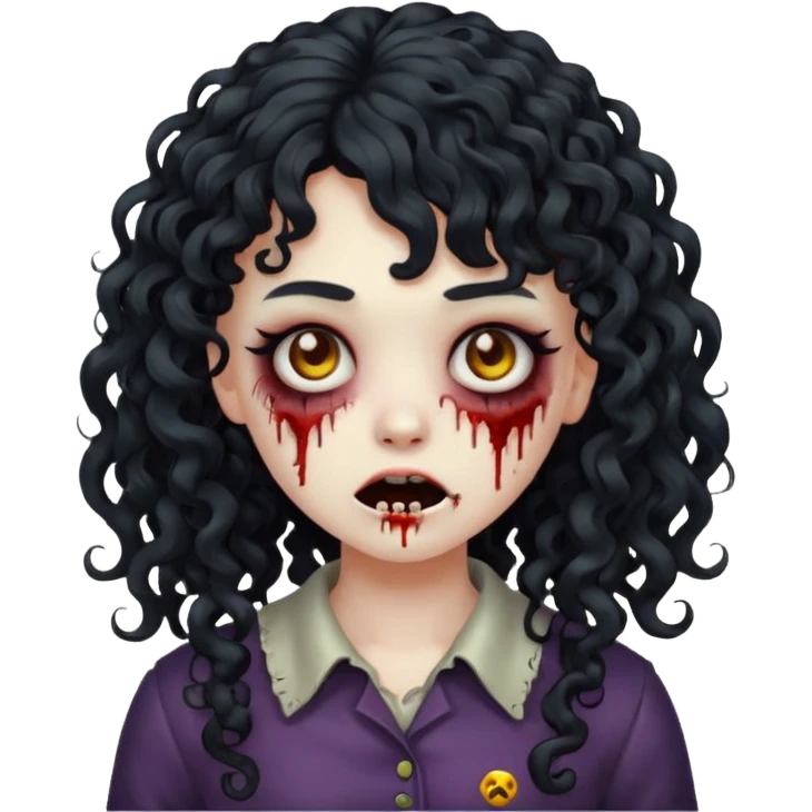 Emoji garota zombie com cabelo preto cacheado longo com franja cacheada sem volume emoji