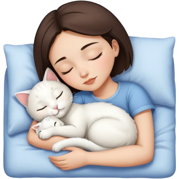 White kitty sleeping on brunette white girl short hair  emoji