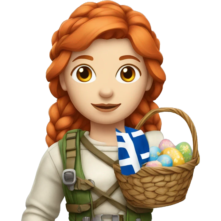 red hair female winter mountaineer with Greek flag and easter basket emoji