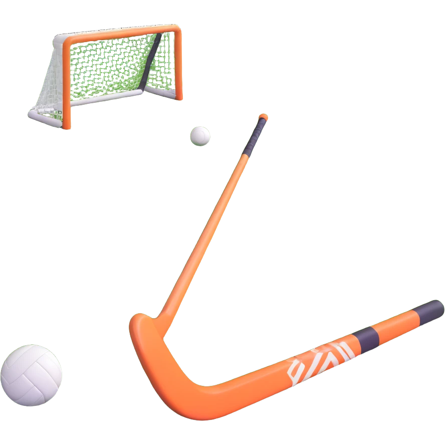 field hockey stick and ball on lush green grass with goals emoji