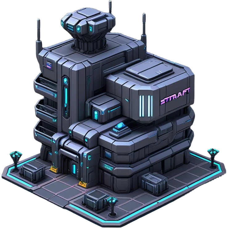 StarCraft-inspired, isometric RTS building with a rugged Terran look: thick metal plating, cyberpunk, neon, rivets, subtle wear, and a gunmetal palette plus one accent color. Add minimal glowing panels for a high-tech feel. Keep it compact—like a forward outpost—and show it from a clean isometric angle, emphasizing an industrial sci-fi style and clear silhouette. emoji
