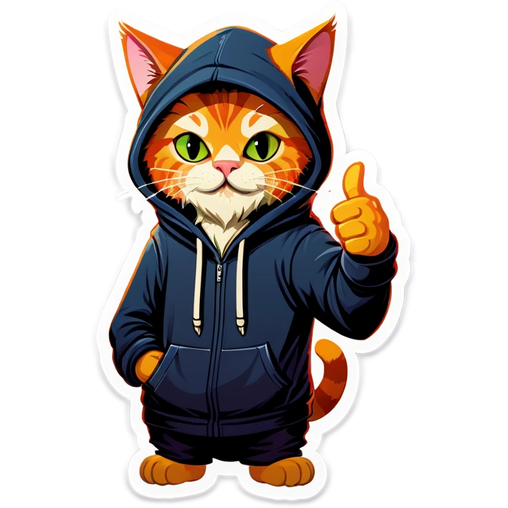 Cat with beard and hoodie , thumbs up emoji