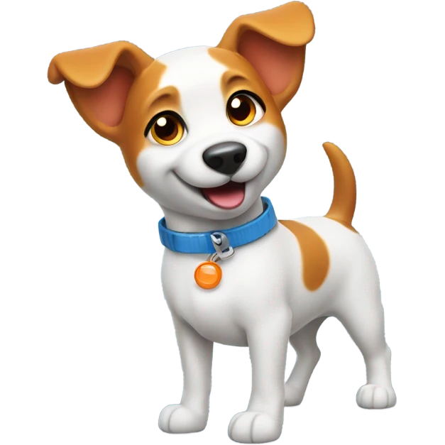 happy cute dog with simple blue collar with orange pendant from half side perspective emoji