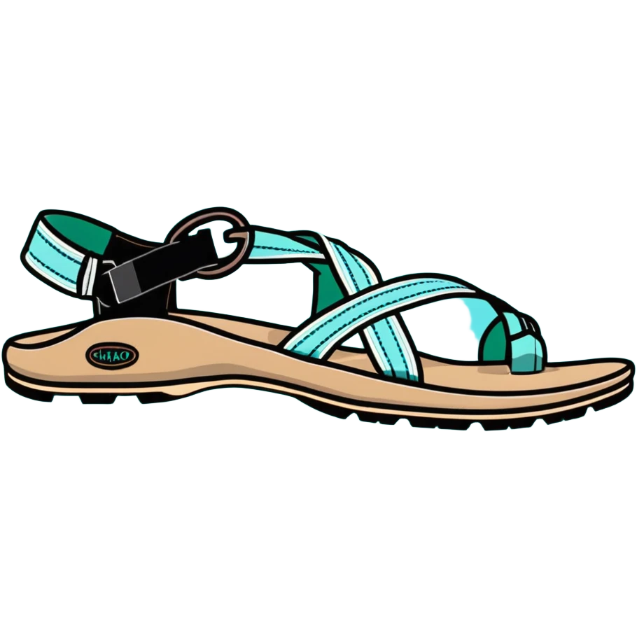 Chaco sandal with toe loop, black footbed, light blue and light green straps emoji