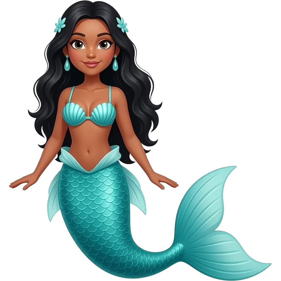 full body koi mermaid woman with tanned skin and long black hair turquouise tail and shell bra emoji