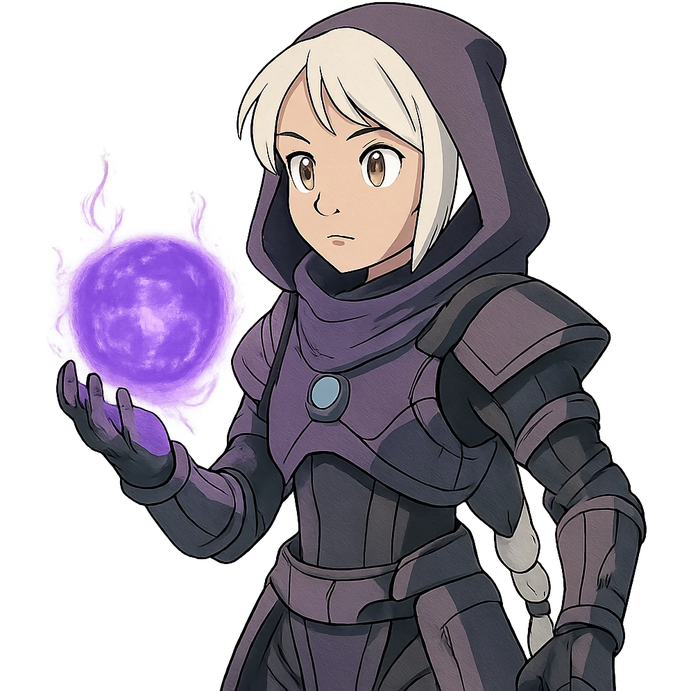 1 female, white hair long braid, gold yellow eyes, no helmet, a novice warlock from Destiny 2 armor, charging a void grenade in her hand emoji