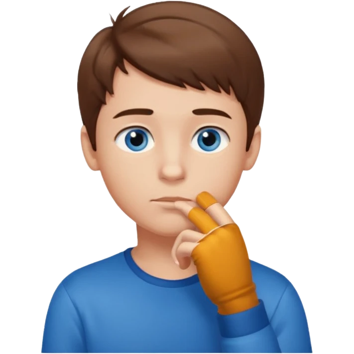 boy thinking with one hand on his chin emoji