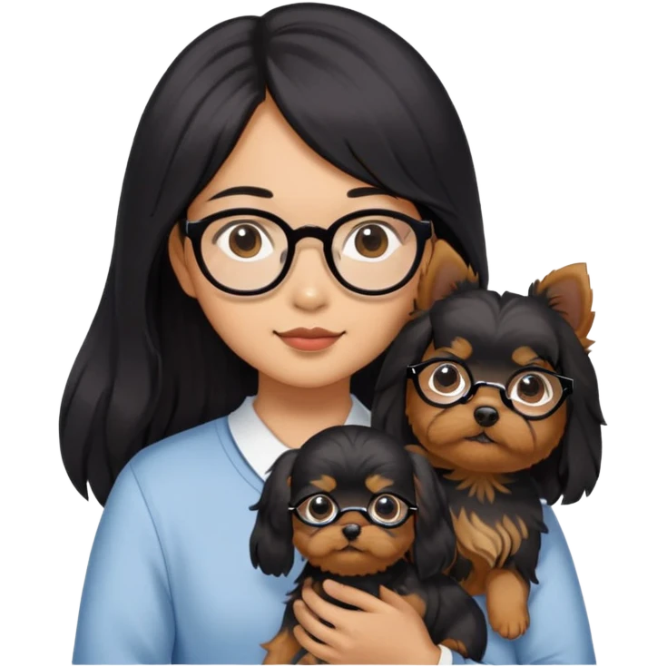 A couple holding a small Yorkshire Terrier together. The girl is Asian with long, luscious wavy black hair (loose, no hair tie). She is next to her boyfriend, a brown-skinned man wearing glasses with a korean haircut emoji