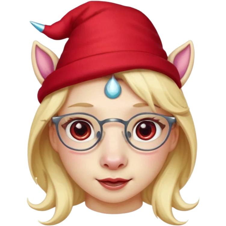 unicorn face cute wearing cute red hat, horn piercing through the hat looking in the camera, blond hair and spectacled emoji