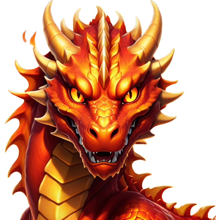Cinematic Noble Fierce Fire Dragon Portrait Emoji, Poised and imposing, with a muscular, scaled body ablaze in fiery hues of crimson, molten orange, and molten gold, and intense, burning eyes that mirror the heart of a volcano; rendered with lifelike texture and dynamic natural highlights, high shine, formidable and intense, styled with an aura of scorching mythic power, focused and resolute, soft glowing outline, capturing the essence of a legendary inferno poised to ignite the screen with timeless ferocity! emoji