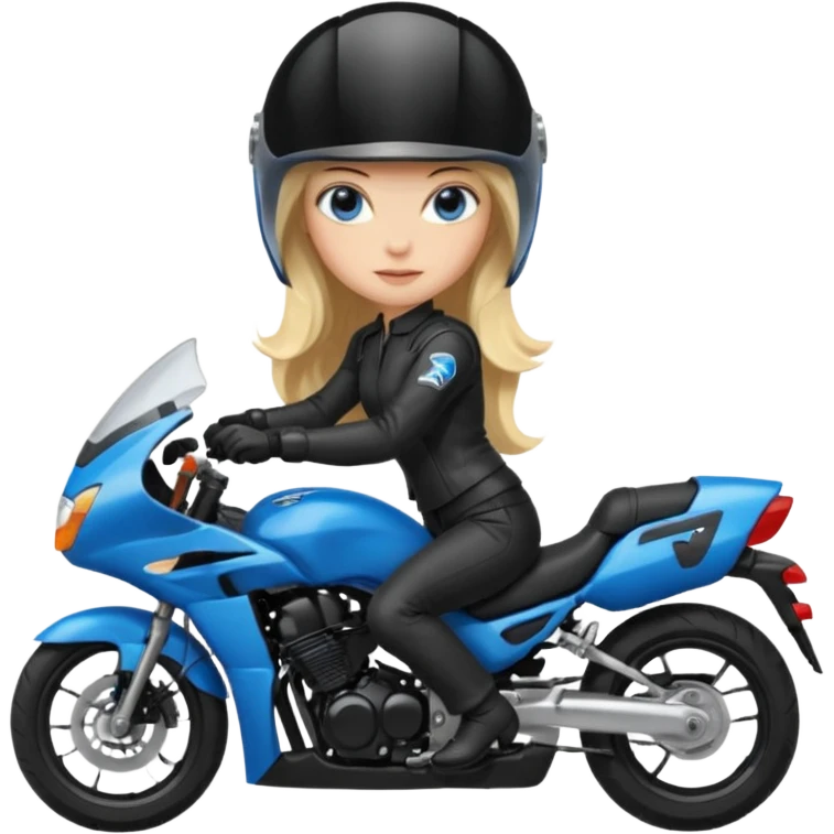 moça cabelo comprido loira de olho azul de capacete em uma moto honda preta  emoji