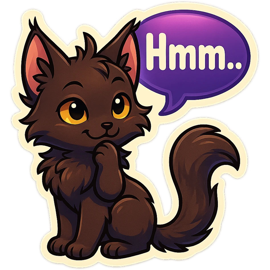 a dark-brown fluffy cute kawaii anime cat with tufted ears and a long thin tufted tail, thinking, smirking thoughtfully, saying “Hmm..” with a purple speech bubble, (cartoon style) (furry style) (deviantArt style) (artist style: Kamirah) emoji