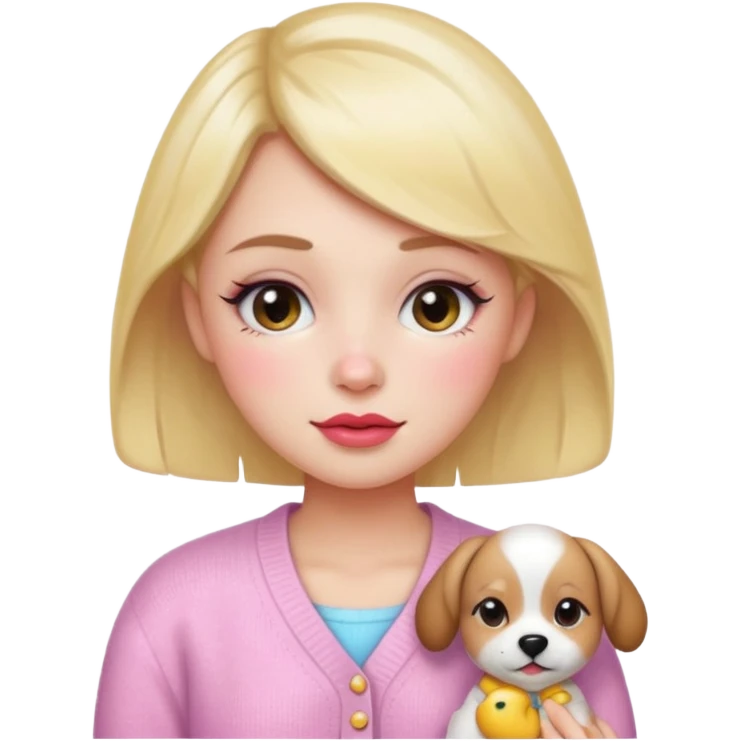 “Emoji girl, dewy skin, flushed blush across cheeks and nose, glossy cherry lips, soft puppy eyeliner, slightly teary sparkling eyes, wearing pastel cardigan.” emoji