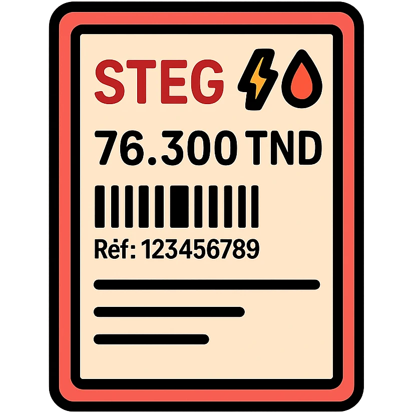 flat icon-style Tunisian STEG bill, bordered rectangle, text 'STEG' with electricity (⚡) and gas (🔥) icons, amount '76.300 TND', barcode, reference 'Réf: 123456789', horizontal lines for details, clean vector look, Tunisian color palette, no background emoji