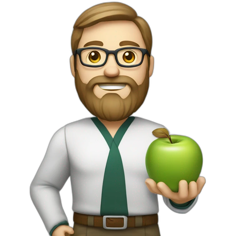 A male nutritionist with a full beard and dark blonde hair and white skin and glasses holding an apple in his hand. Without white kiltze. emoji