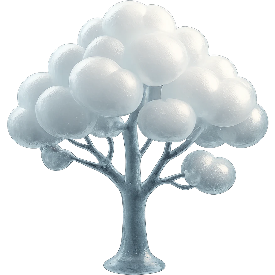 one tree with many branches and a white trunk, crown made of small very bright white fluffy convex clouds, matte glass style emoji
