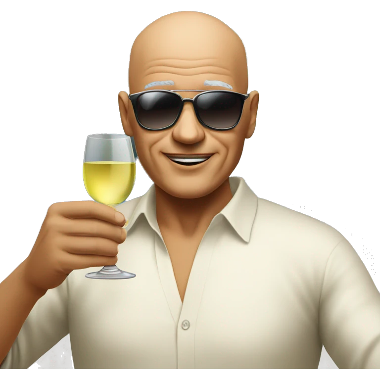 Bald man around 60 years old holding glass of white wine , weaing sunglasses emoji